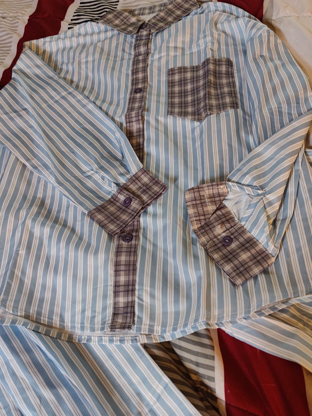 NEW size Medium Unbranded Blue and White Striped Pajama Set with Patch Pockets - Picture 2 of 13